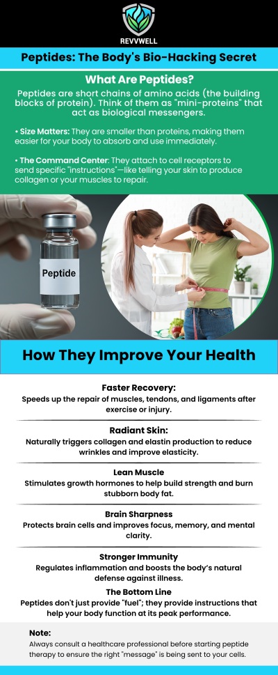 Peptide treatments are a cutting-edge therapy designed to support the body's natural healing processes. These treatments utilize short chains of amino acids to enhance muscle recovery, boost energy levels, and improve skin health. By targeting specific areas of the body, peptides promote tissue regeneration, reduce inflammation, and support overall vitality. Board-certified doctors at REVVWELL in Charleston, SC, provide personalized peptide therapy tailored to your unique wellness goals, offering effective solutions for long-term health. Dr. William J. Weirs is now a certified Peptide Practitioner. For more information, contact us or schedule an appointment online. We are conveniently located at 1755 Sam Rittenberg Blvd, Charleston, SC 29407.